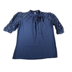 Luna Rae Shirt Womens Small Blue Short Sleeve Business Button Back Lace Poly